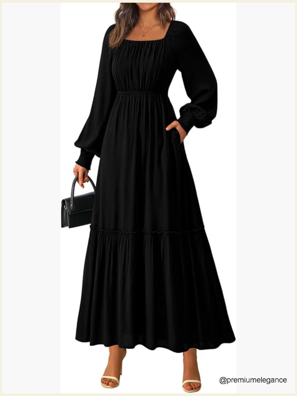 Flowy Long Sleeve Maxi Dress Smocked Empire Waist Square Neck Wedding Party